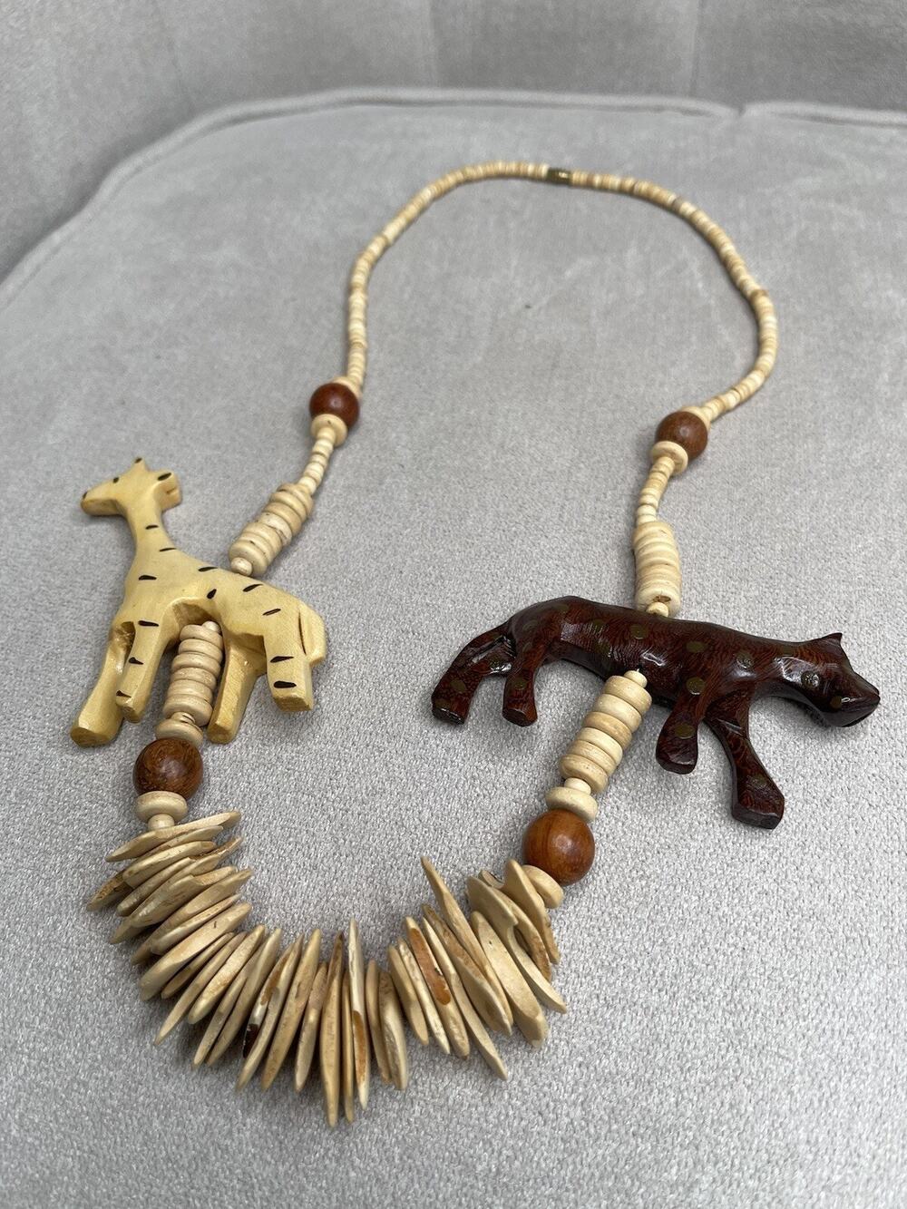 Vintage African Hand Carved Wood Safari Animals Chunky Charm Necklace Statement